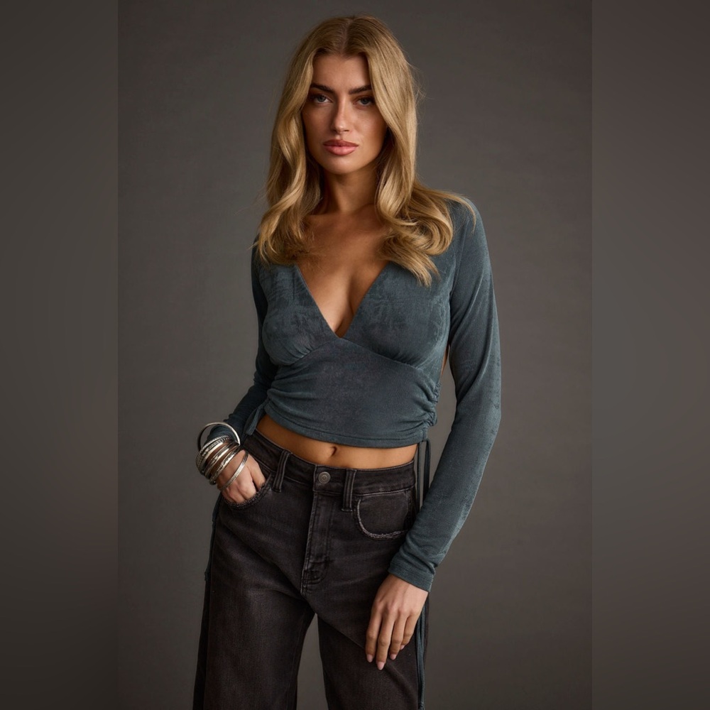12th Tribe Teal Wrap-Style Crop Top